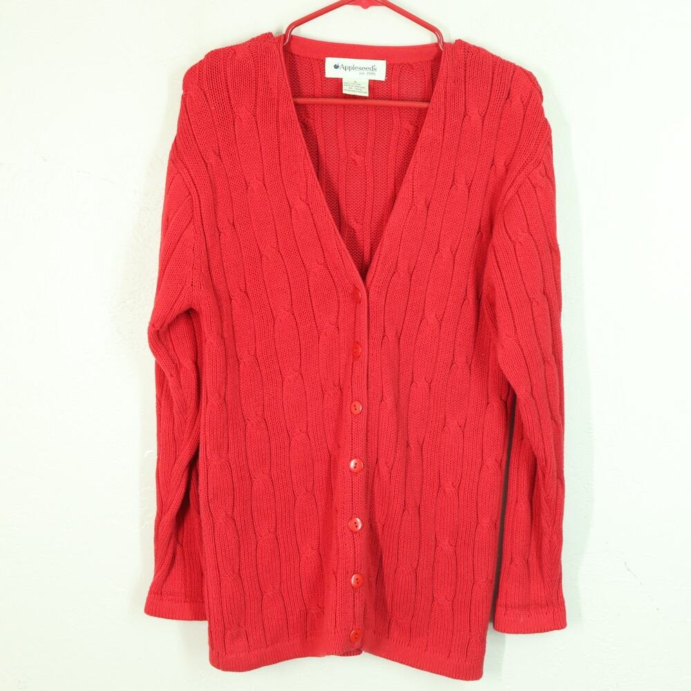 Appleseeds Cardigan Sweater Women S Red Cotton Cable Knit Pockets Vneck